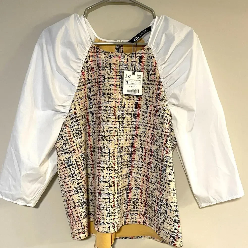 NWT Zara White Puff Sleeve Top striped check Small